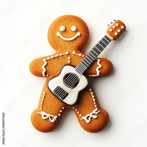 Playful Gingerbread Man Cookie Holding a Guitarlike Icing Decorated Sweet : Generative AI photo