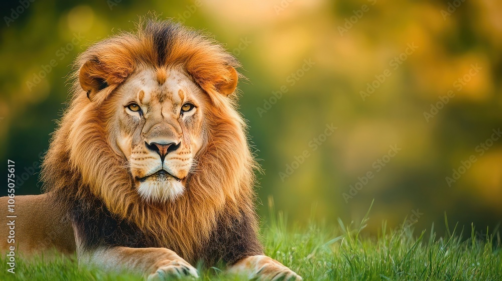 Fototapeta premium A Majestic Lion Resting in Lush Grass, Gazing Directly at the Viewer