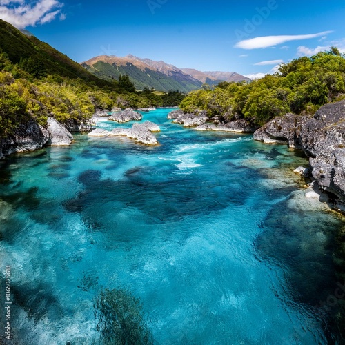 blue pools rock pools filled from makarora river turquoise crystal clear water wanaka otago region south island new zealand oceania photo