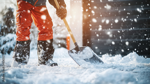 A man with a shovel removes snow near a house on a snowy winter day photo