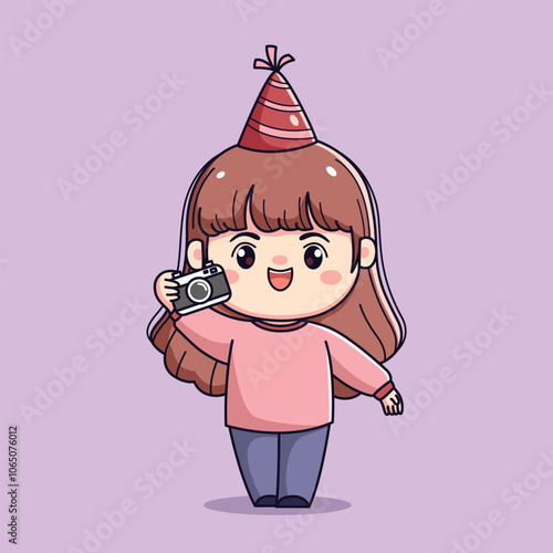 Cute cartoon girl celebrating new year or birthday party chibi kawaii