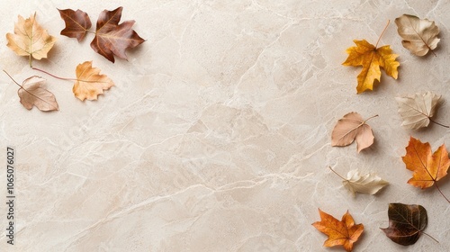 Scattered fall leaves in varying shapes and colors forming a textured background on a stone surface, evoking the crisp feel of the autumn season.