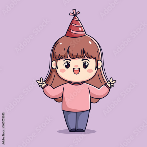 Cute cartoon girl celebrating new year or birthday party chibi kawaii