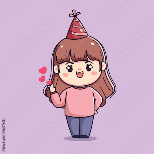 Cute cartoon girl celebrating new year or birthday party chibi kawaii