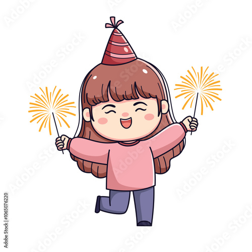 Cute cartoon girl celebrating new year or birthday party chibi kawaii