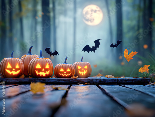 A group of pumpkins with bats flying around them