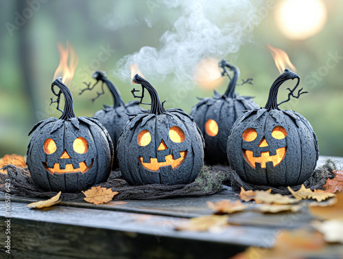 Four black pumpkins with glowing eyes and mouths are lit up with candles