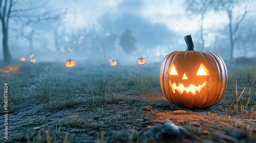 A pumpkin with a smiley face is lit up in a field