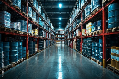 Industrial Warehouse Interior with Rows of Pallets and Barrels