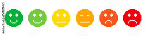 Pixel emoji set. Emoji faces collection. Emojis pixel style. Happy and sad emoji. 