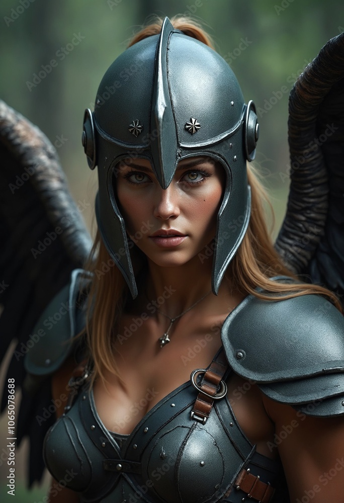 A female warrior with wings and a helmet stares intensely at the camera A female warrior with wings and a helmet stares intensely at the camera