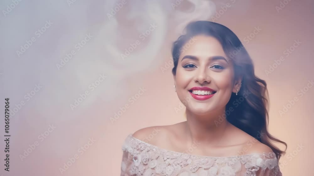 Elegant woman smiling amidst swirling smoke in soft pastel light Elegant woman smiling amidst swirling smoke in soft pastel light