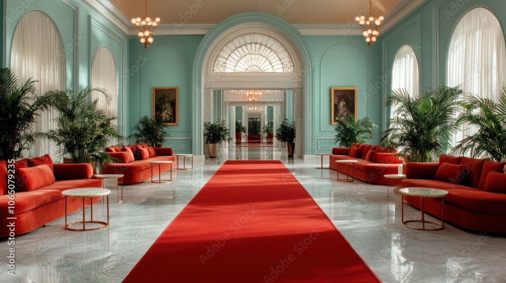 A bright and airy lounge adorned with a vibrant red carpet, luxurious red sofas, golden chandeliers, and large windows letting in abundant natural light. A bright and airy lounge adorned with a vibrant red carpet, luxurious red sofas, golden chandeliers, and large windows letting in abundant natural light.