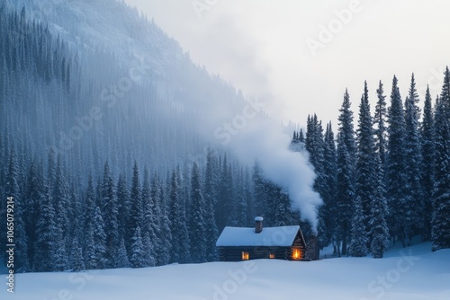 A solitary remote cabin surrounded by towering snow-laden pine trees within a tranquil winter landscape, evoking a sense of serene isolation and warmth. photo