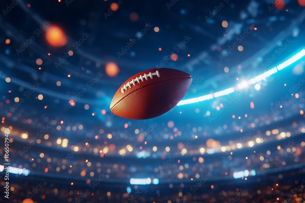 American football being thrown in the air with stadium background. American football being thrown in the air with stadium background.