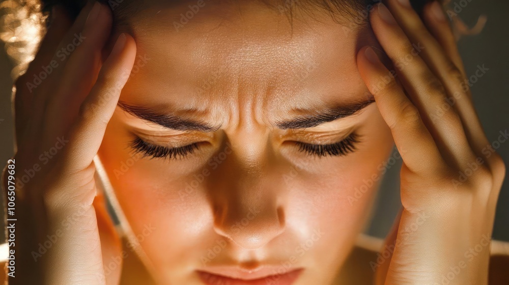 Fototapeta premium A young woman holding her head with a pained expression, representing stress, anxiety, or headache. The background is softly blurred.