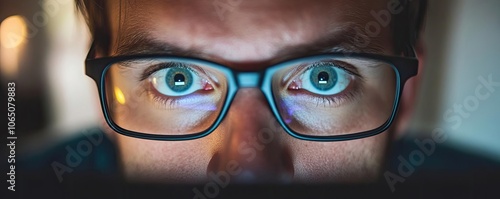 Close-up of a person with glasses focused on a screen, showcasing intense concentration and attention to detail.