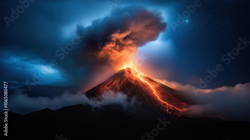 Witness the raw power of an erupting volcano spewing lava beneath a mesmerizing starry night sky, capturing the essence of nature’s fiery splendor and elemental force.