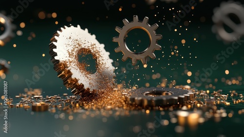 Gears appear dynamically positioned with golden particles, symbolizing energy and progress, creating a sense of motion against a deep green background. photo