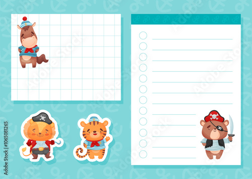 Cute Animal Pirate and Sea Robber Empty Note Card Vector Template