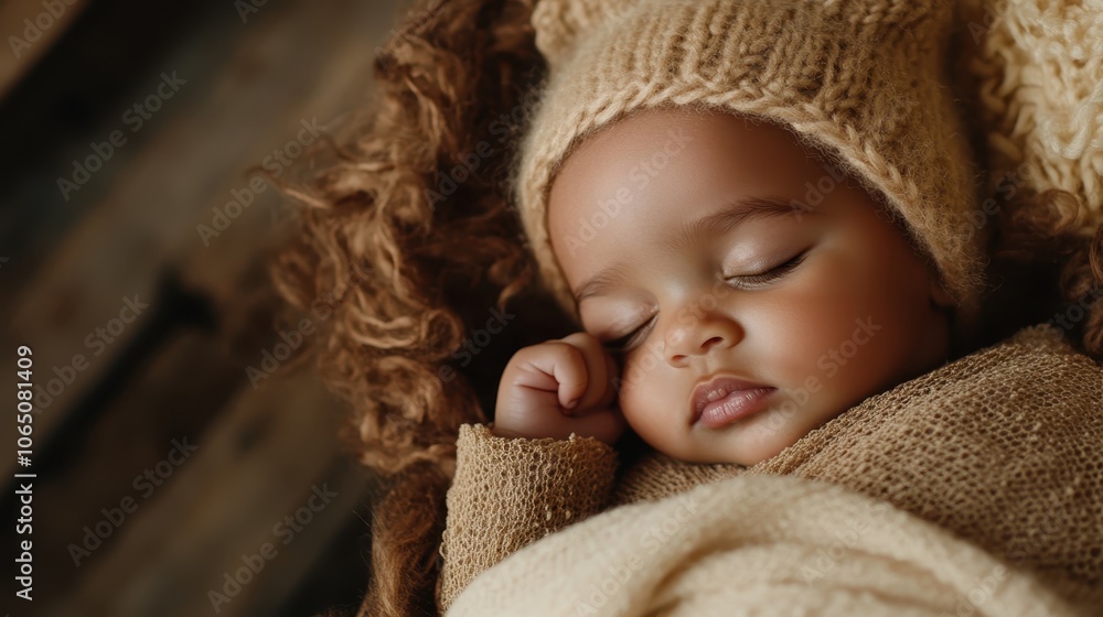 A baby peacefully sleeping in a knitted outfit, surrounded by curly hair and cozy textures, creating a heartwarming and serene atmosphere of warmth. A baby peacefully sleeping in a knitted outfit, surrounded by curly hair and cozy textures, creating a heartwarming and serene atmosphere of warmth.