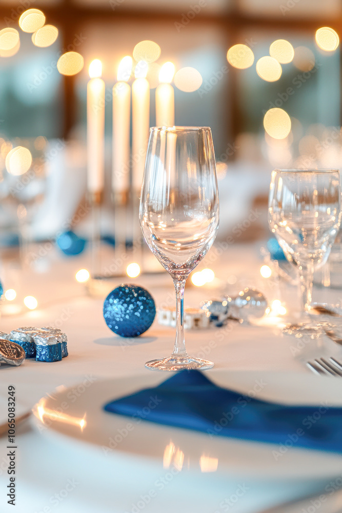 A table with a blue napkin and a wine glass with a blue ball on it A table with a blue napkin and a wine glass with a blue ball on it