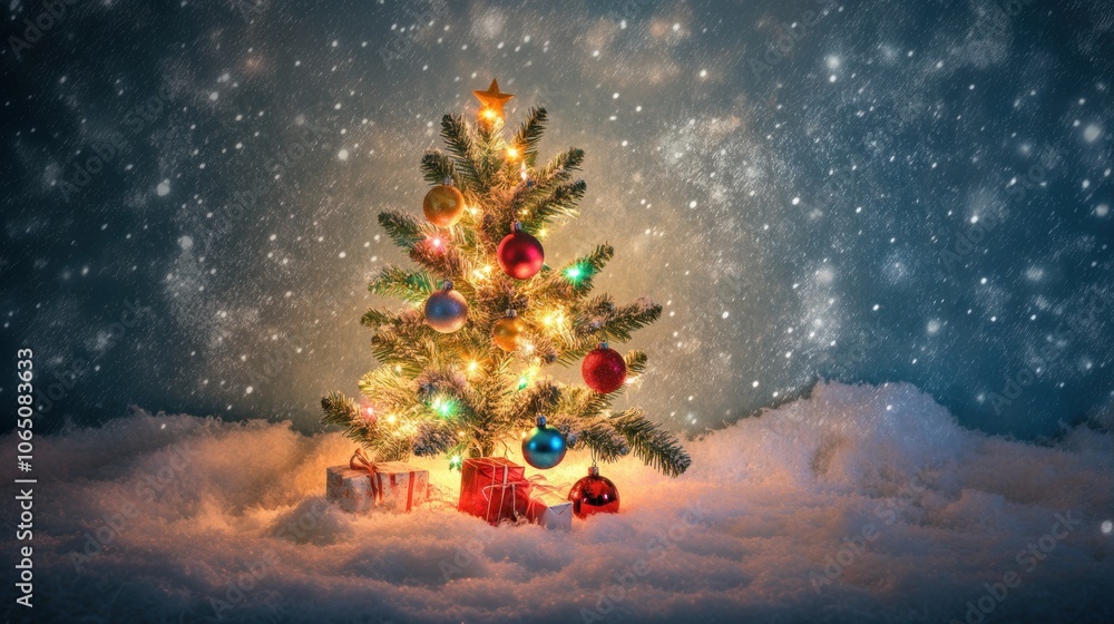 Fototapeta premium Christmas and New Year greeting card. Glowing Christmas Tree in Snowy Winter Wonderland 