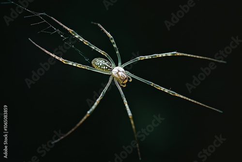 A slender spider with long legs gracefully moves across its slender web strands, creating a serene and dark background for a stunning and peaceful image. photo