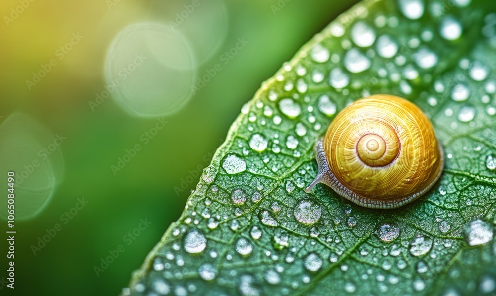 A detailed and focused close-up image of a snail shell resting on a leaf covered in morning dew droplets A detailed and focused close-up image of a snail shell resting on a leaf covered in morning dew droplets