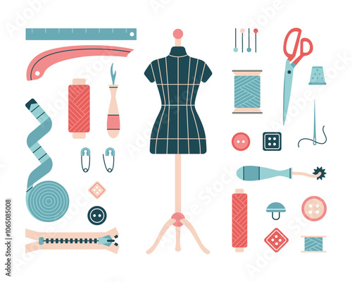 Dummy and tailoring accessories for atelier, dressmaker. Materials for sewing. Needlework, handmade, hobby. Seamstress, clothes designer concept. Isolated vector illustration
