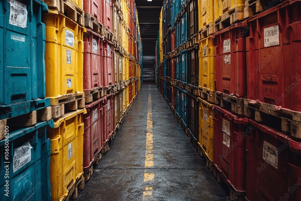 Fototapeta premium Stacked Colorful Plastic Crates in a Narrow Warehouse Aisle