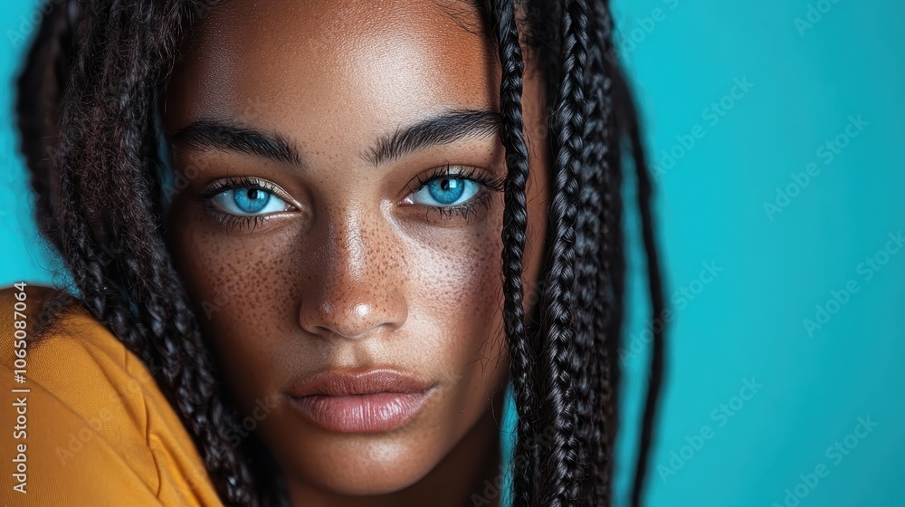 An expressive portrait highlighting a woman's striking blue eyes and braided hair against a vibrant background, conveying emotion and individuality. An expressive portrait highlighting a woman's striking blue eyes and braided hair against a vibrant background, conveying emotion and individuality.