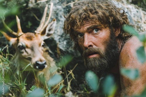 A bushy-bearded man crouches stealthily amid foliage, locking eyes with a curious deer, encapsulating a moment of quiet intrigue and harmony with the wild. photo