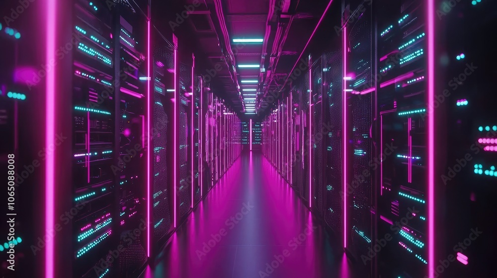 Fototapeta premium Futuristic server room with glowing neon lights and high-tech data storage.