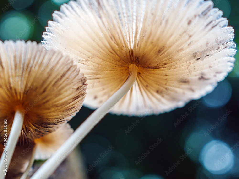 Close-up view of theunderside of mushrooms. Close-up of mushrooms texture background. macro mushroom Close-up view of theunderside of mushrooms. Close-up of mushrooms texture background. macro mushroom