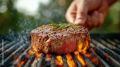 A well-seasoned steak sizzling over an open grill, with flames leaping around it, enhanced by a sprig of rosemary, exemplifying outdoor culinary perfection. photo