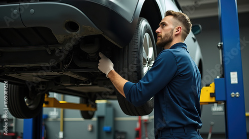 Mechanic working under a lifted car in a garage, focused on vehicle maintenance