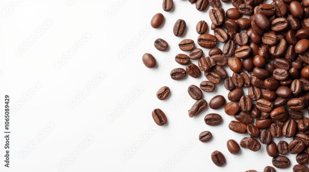 Obraz premium Top-down view of coffee beans scattered on white isolated background