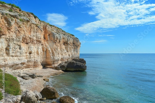 The rustic limestone cliff dramatically contrasts against the vivid blue seascape, with the colorful textures and shades creating a refreshing and harmonious natural scene. photo