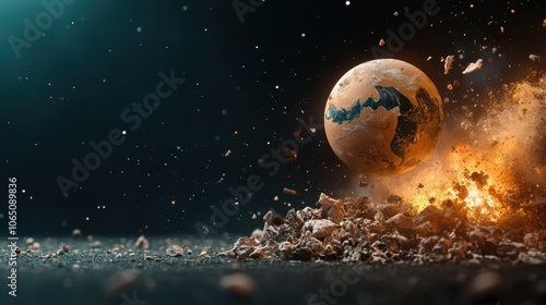 An artistic depiction of a globe explosively shattering, conveys themes of global disruption, chaos, and transformation amidst a dark atmospheric backdrop. photo