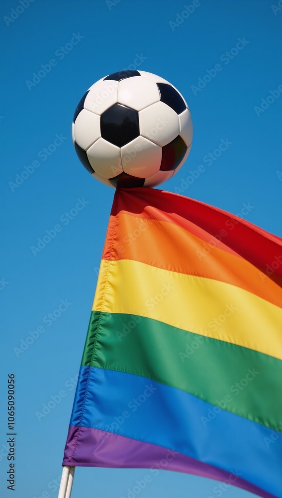 Naklejka premium Soccer ball placed on a colorful LGBTQ rainbow flag