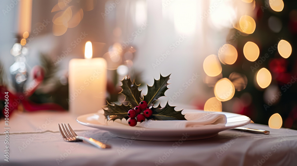 Christmas table setting with holly berries, candle, and festive lights Christmas table setting with holly berries, candle, and festive lights