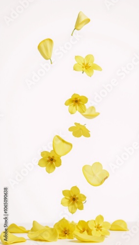 Isolated yellow flower petals floating against a vibrant spring meadow backdrop on a clean white canvas photo