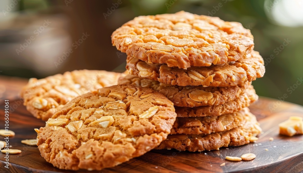 A stack of freshly baked oatmeal cookies with white chocolate chips on a wooden board.