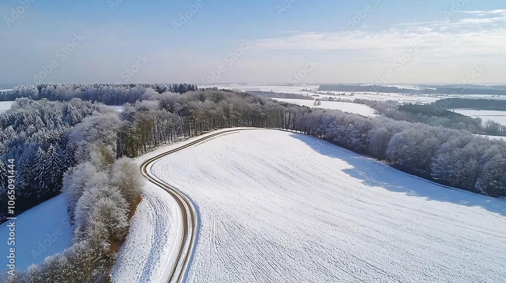 Scenic Aerial View of Winding Road Through Winter Landscape Scenic Aerial View of Winding Road Through Winter Landscape