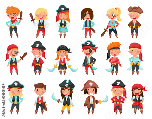 Boy and Girl Pirate Character in Costume Play Game Vector Set