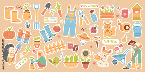 Сollection gardening cute stiсkers flat design