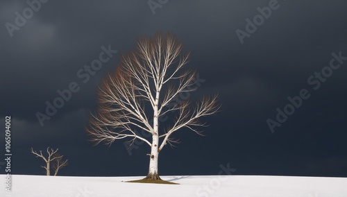 A single stark cherry blossom tree stands against a wintery landscape with an isolated branch of falling blooms on a snow-covered and barren oak all rendered in crisp black silhouette amidst the white photo