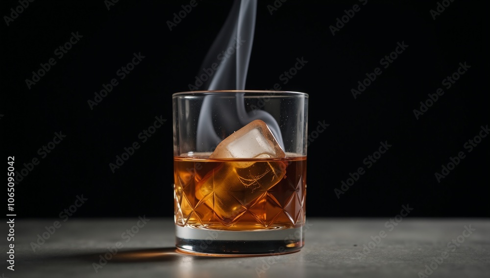 Smoky whiskey cocktail in crystal glass with rising plume of smoke against dark moody backdrop Smoky whiskey cocktail in crystal glass with rising plume of smoke against dark moody backdrop