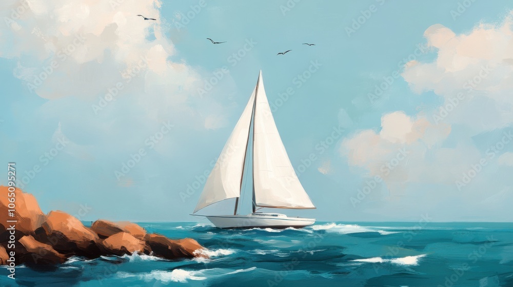 Naklejka premium Sailboat Drifting Near Rocky Coastline